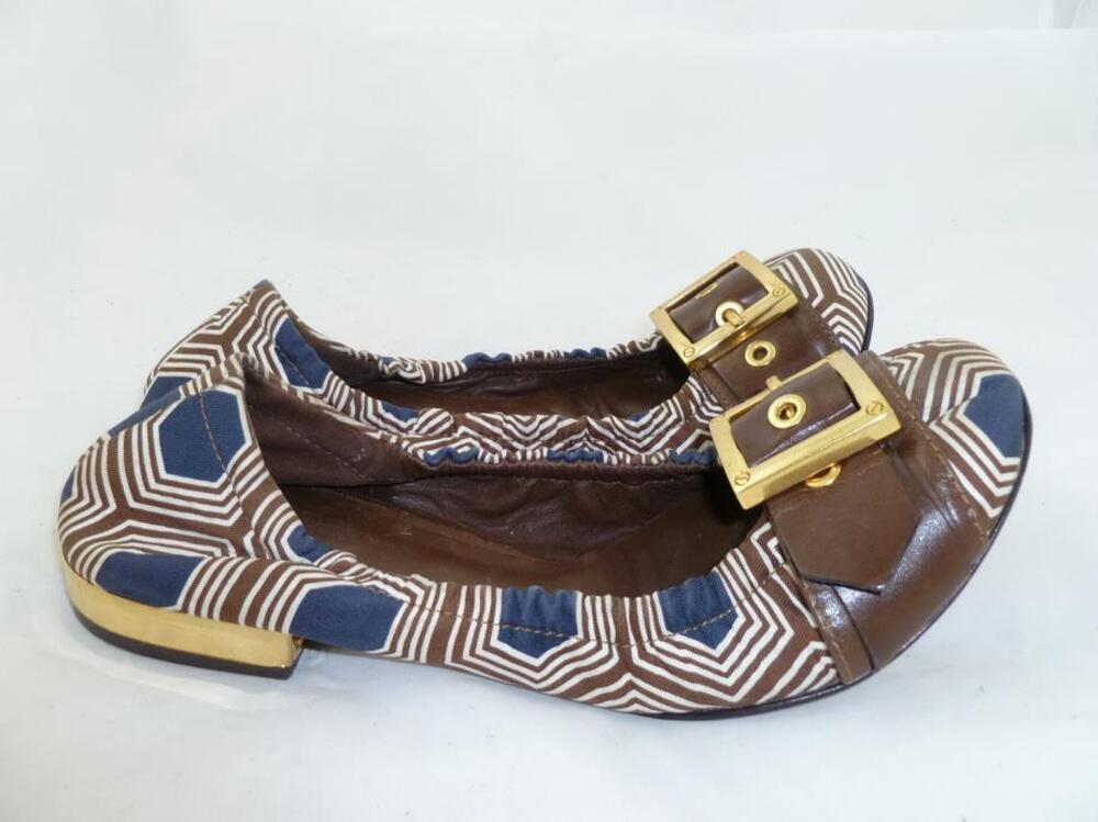 TORY BURCH USED 5 B SATIN FABRIC/LEATHER/GOLD BUCKLE BALLET FLATS BROWN/NAVY